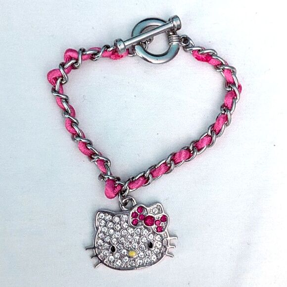 Sanrio Hello Kitty Charm Bracelet Metal Pink 2012 Rhinestone Kidcore Collectible - Picture 1 of 4